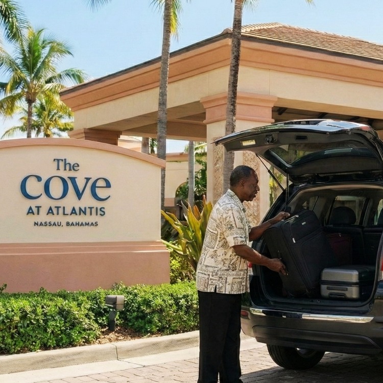 A friendly Goombay Go driver holding a name sign to provide VIP meet and greet taxi service inside the LPIA arrivals hall