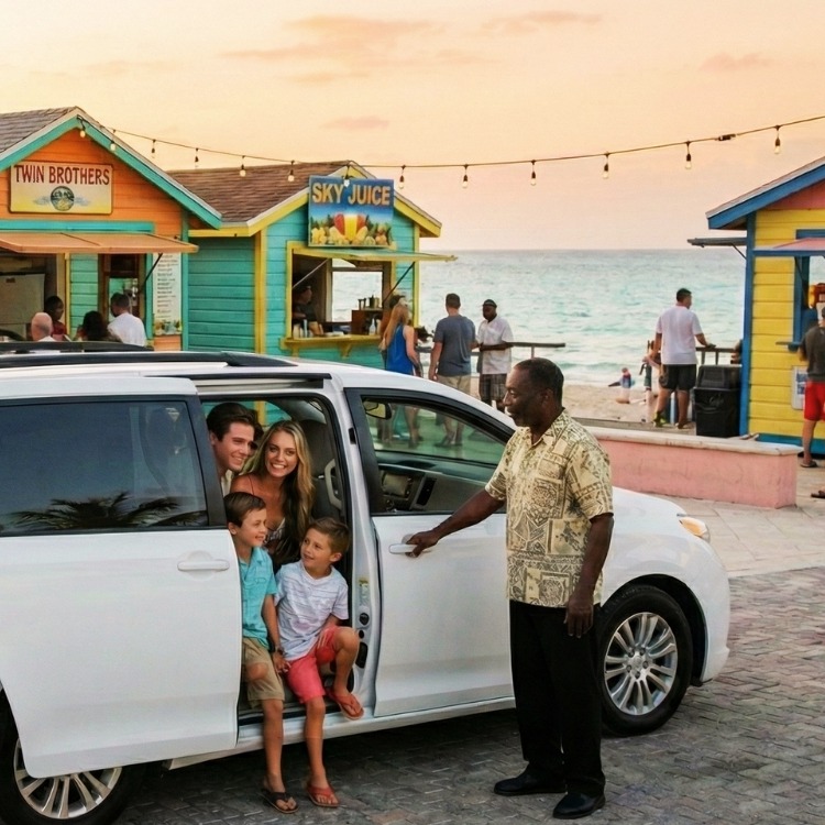 A clean Goombay Go vehicle providing reliable Nassau local taxi service on a sunny city street.