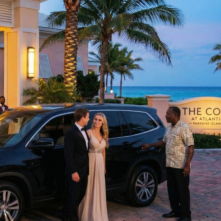 Travelers using a pre-booked Nassau dinner transfer taxi ride to arrive safely at an evening restaurant.
